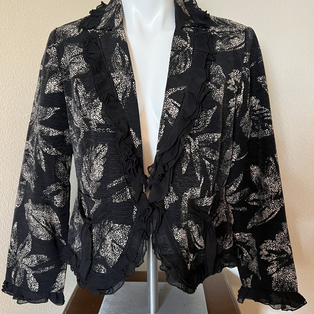 Floral Print Ruffled Neck Long Sleeved Jacket - Size L